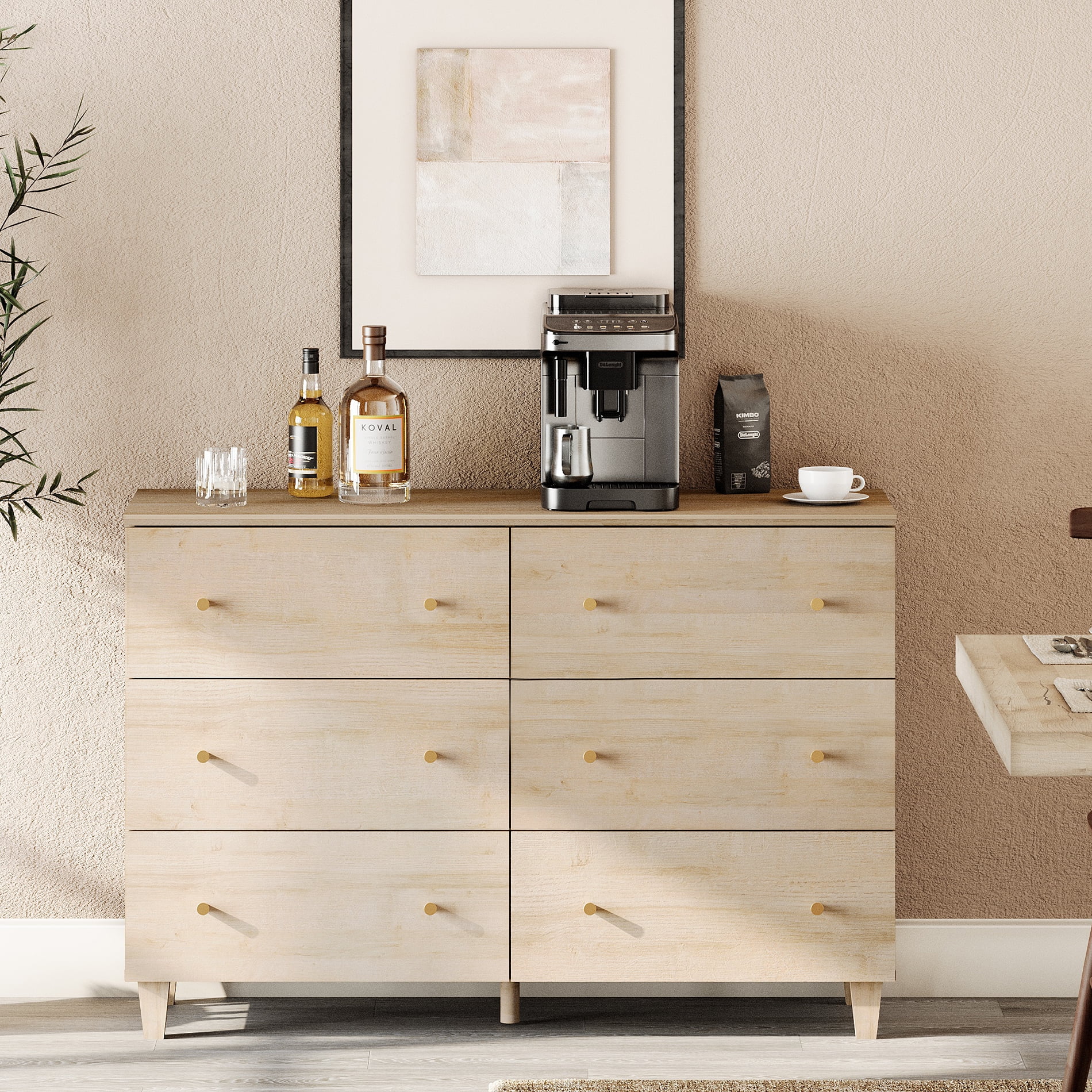 Light Oak Dresser with 6 Drawers for Bedroom, Modern Wood Wide Double Dressers, 47.2 Inches Wide Chest of Drawers