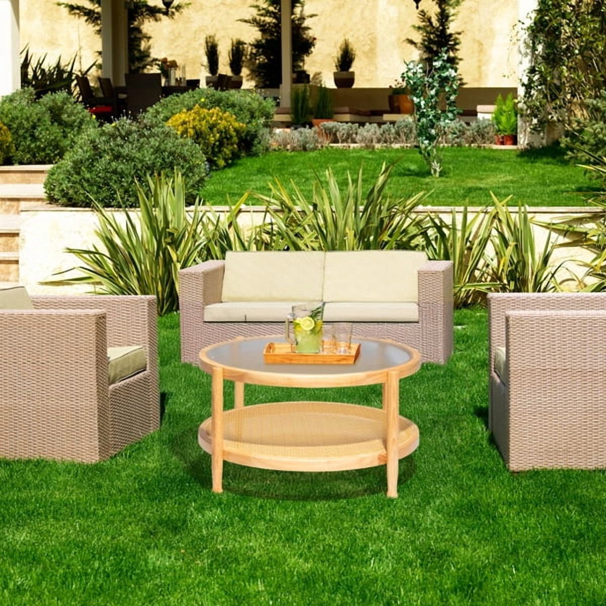 31.5" Round Rattan Coffee Table - Tempered Glass Top , Hand-Woven Rattan Shelf, Rubberwood Frame, Indoor/Outdoor for Living Room, Patio, Bedroom
