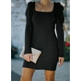 thumbnail image 3 of Asyoly Women Sexy Square Neck Knit Sweater Dress Bubble sleeve Bodycon Mini Pullover Dresses, 3 of 8