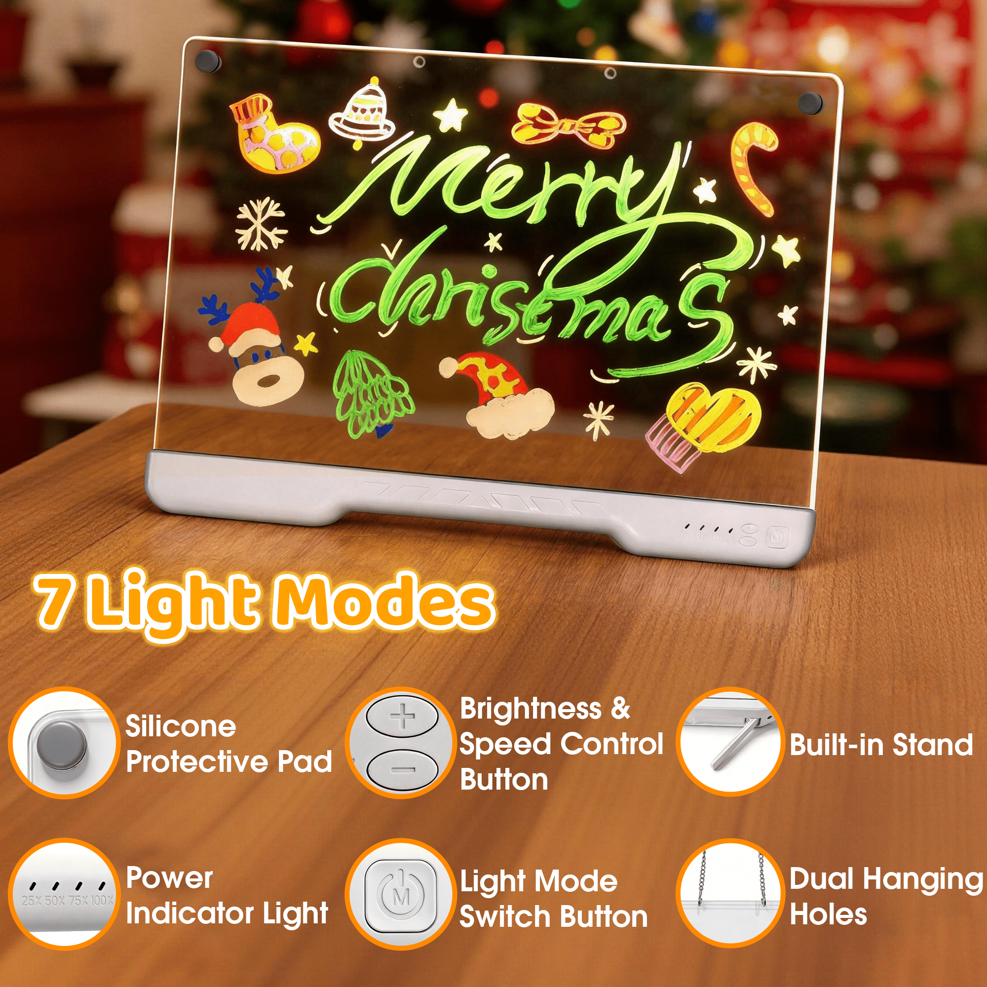 LED Light Up Drawing Board Erasable Acrylic Message Board, 7 Color Light Modes Rechargeable Glow Writing Board with Markers, Stand & Hanging Kit for Kids Holiday Decor Bar Sign