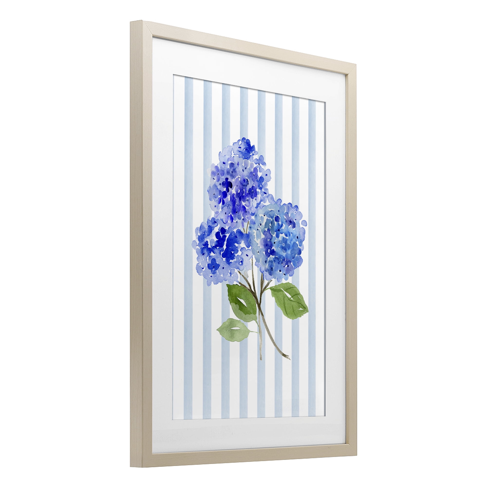 Stupell Industries Blue Hydrangeas over Stripes Birch Framed Print Under Glass, design by Corinne Haig