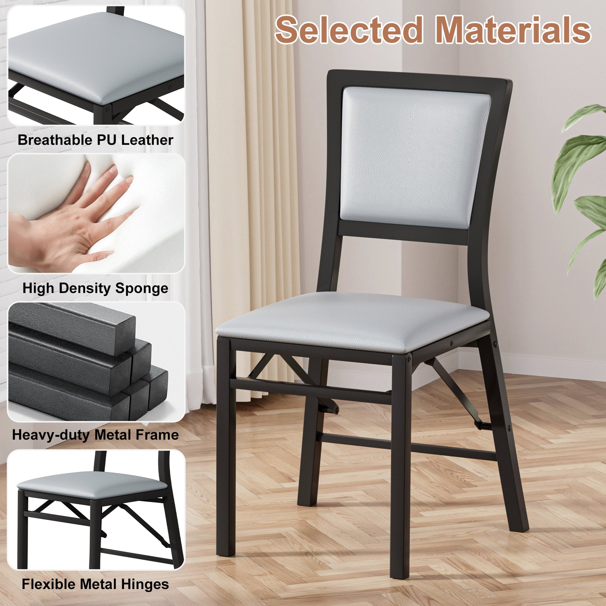 VECELO Dining Chairs Set of 2, Space-Saving and No Assembly, High Back PU Upholstered Folding Chairs with Metal Frame for Kitchen and Living Room, Grey