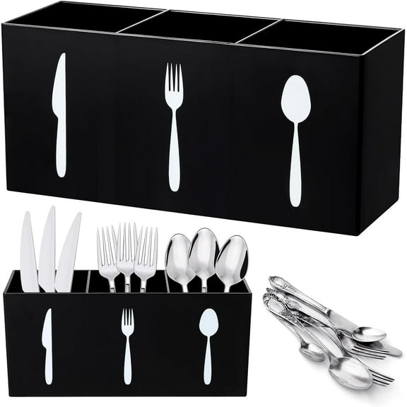 LZLINGMEI 1PC Acrylic Cutlery Storage Organizer,Silverware Countertop Knife Spoon and Fork Holder Kitchen,3 Section Tableware Storage Box for Cabinet Home Flatware Dining Room(Black)