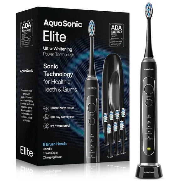 AquaSonic Elite Rechargeable Electric Toothbrush Set - ADA Accepted, 5 Modes, Travel Case, 8 Brush Heads (Black)