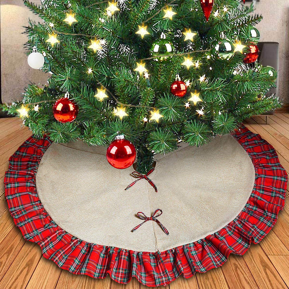 48" Burlap Christmas Tree Skirts Rusti Plaid Trim Farmhouse Holiday Decorations 