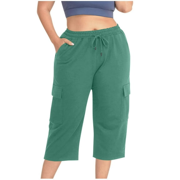 Mitankcoo Women's Plus Size Capris - Elastic Waist Drawstring with Pockets - Relaxed Fit Comfy Cropped Pants