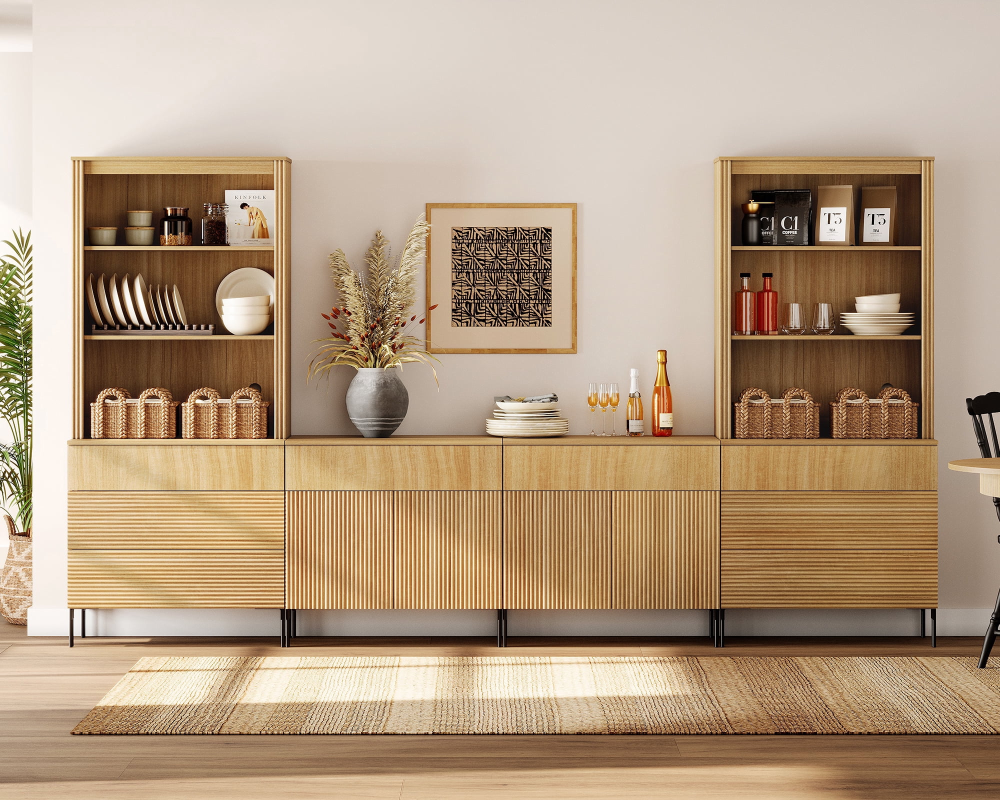 71"H X 126"W Tall Fluted Bookshelf with 8 Drawers and 4 Doors, Modern 10-Tier Bookcase with Open Storage, Large Wood Display Cabinet For Living Room Bedroom Home Office Kitchen