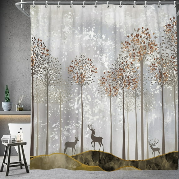 Forest Deer Shower Curtain, Rustic Country Fabric Shower Curtains For Bathroom with Hooks,72''x72''