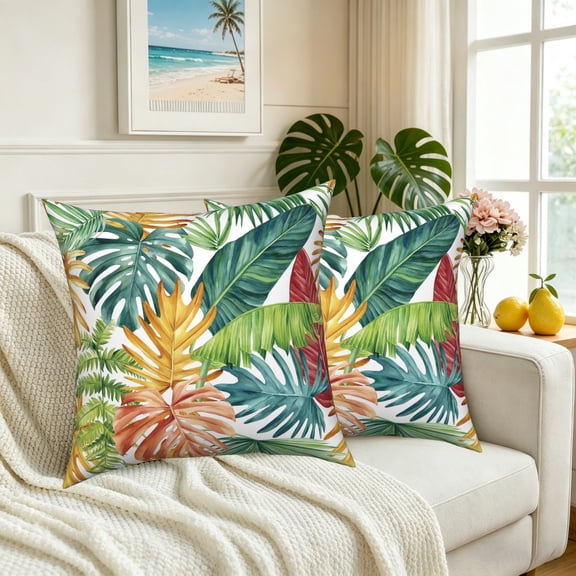 Summer Tropical Palm Leaves Pillow Covers 18x18 Set of 2 Double-Sided Beach Throw Pillows Case for Living Room Bedroom