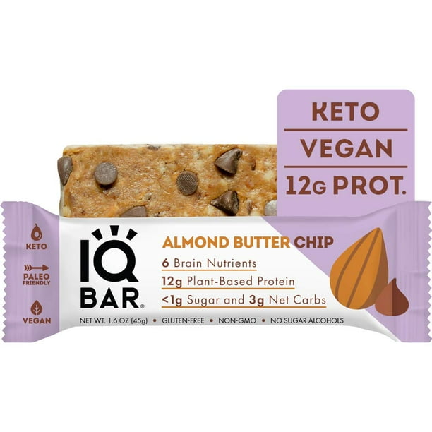 IQBAR Brain + Body Protein Bars, Almond Butter Chip, Keto, Vegan, Paleo