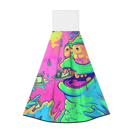 

Zufioo Psychedelic Cartoon Frog Print Coral Fleece Velcro Hand Towel Hangable Absorbent Hand Towel Suitable for Kitchen Bathroom Household Items