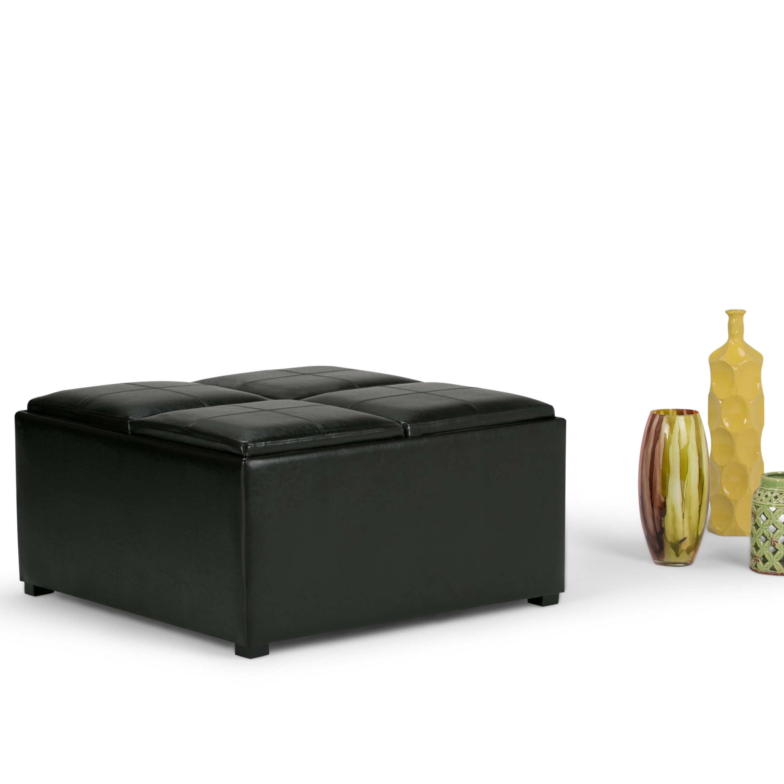 Simpli Home Avalon 35 inch Wide Contemporary Square Coffee Table Storage Ottoman in Midnight Black Vegan Leather