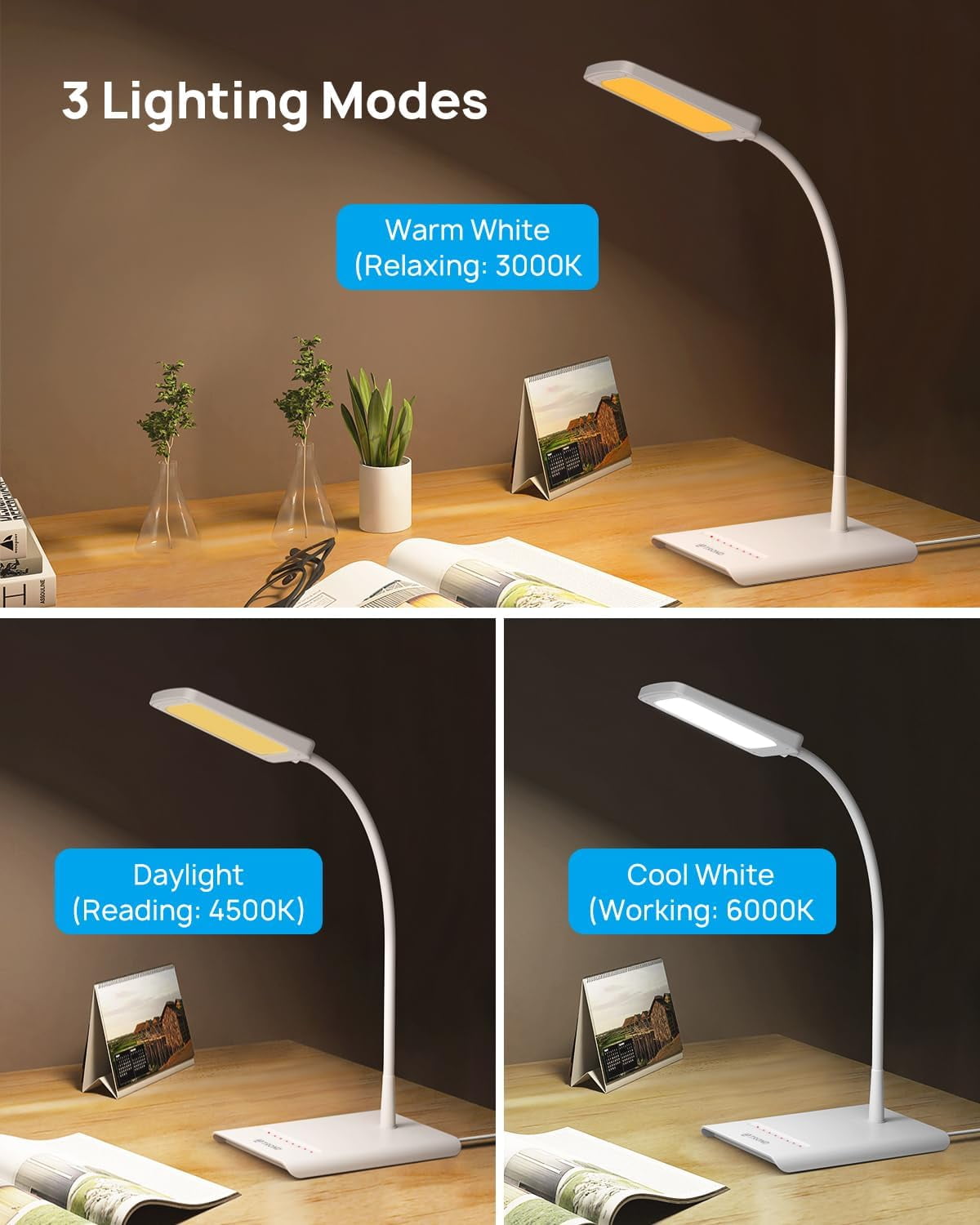 TROND LED Desk Lamp 3 Color Modes 7 Brightness, Dimmable Table Lamp, Eye Caring Reading Light, Adjustable Gooseneck, Touch Control 900LM
