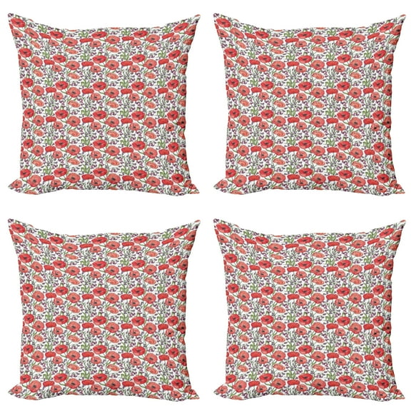 Ambesonne Flower Throw Pillow Cover 4 Pack, Poppy Blossoms Garden, 18", Multicolor