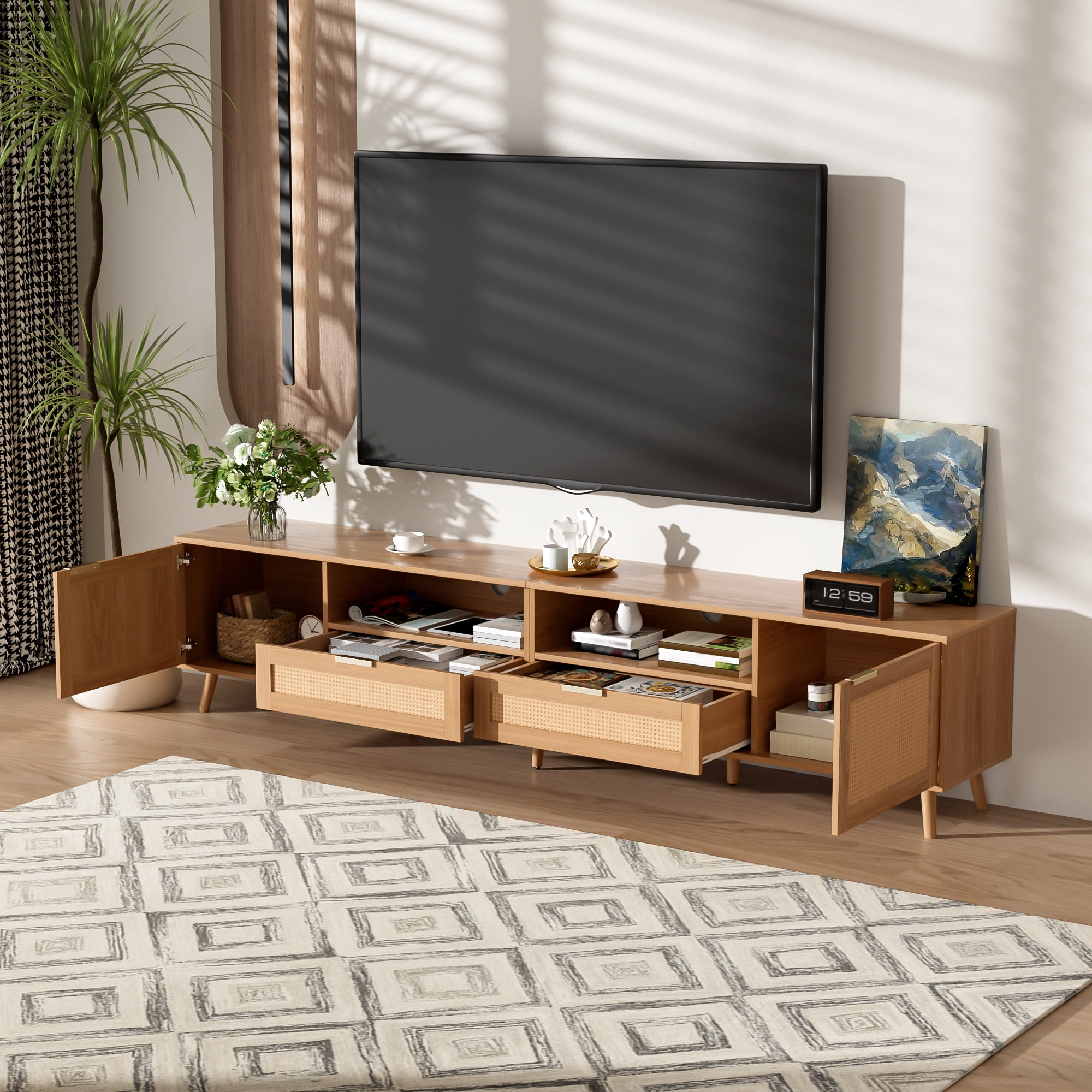 Euroco Rattan TV Stand for TVs up to 90'', Modern Farmhouse Media Console, Entertainment Center with Solid Wood Legs, TV Cabinet for Living Room, Bedroom