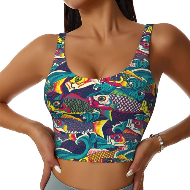 Balery Colorful Carp Streamer Sujetadores deportivos con espalda cruzada para mujer, acolchados, sin costuras, de alto impacto, ideales para yoga, gimnasio, entrenamiento y fitness.-Large