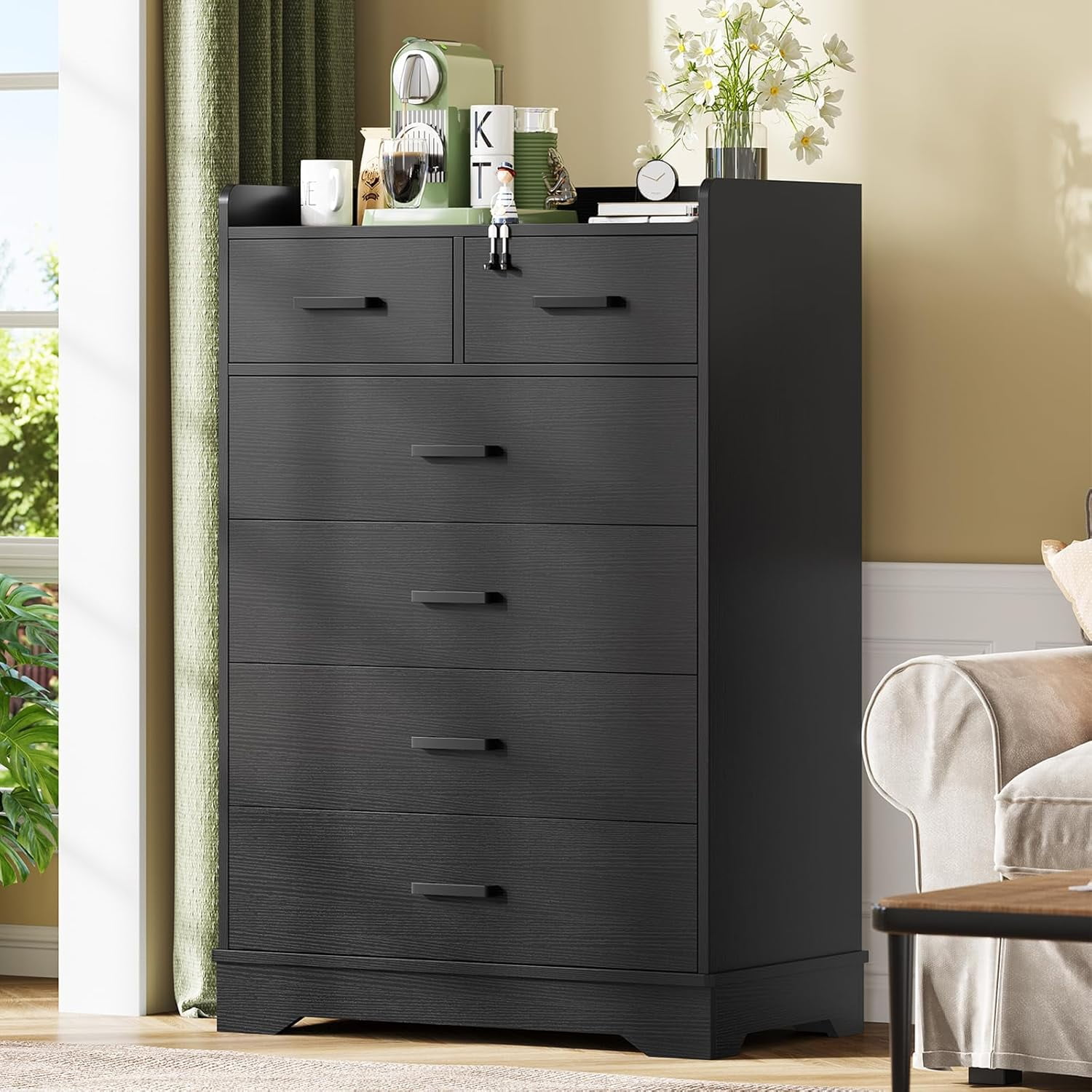 black 6 drawer dresser walmart Aunfebrco 6 Drawers Double Dresser Wood Storage Tower Cabinet for Bedroom, Modern Chests of Drawers Storage Organizer with Open Shelf&X Steel Frame,
