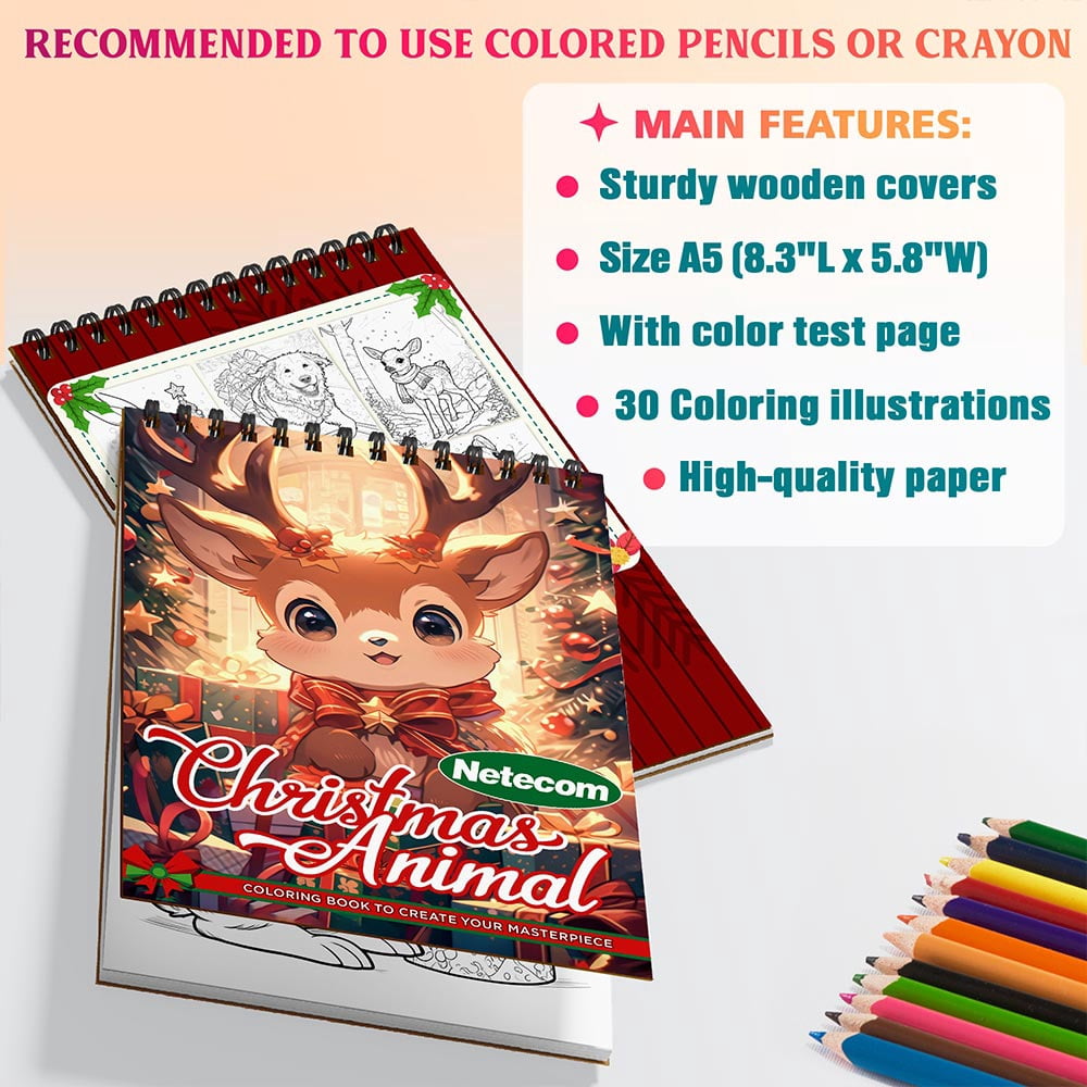 Netecom Christmas Animal Coloring Book Spiral Bound For Adults, A5 Wooden Cover, 30 Relaxing Coloring Pages of Snowy Animal Friends for Stress Relief and Relaxation