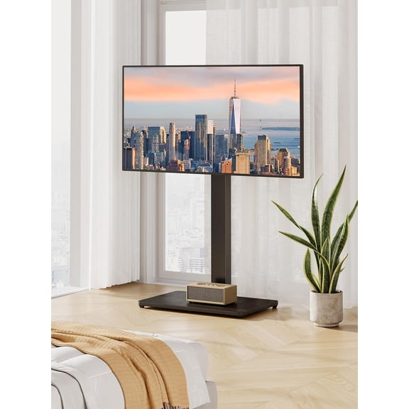 Floor TV Stand with Mount for 32-70 inch TVs up to 88lbs, Floor Standing TV Stand with 9 Height Adjustment, TV Swivel Stand for Living Room with Wood Base, Max VESA 400x400mm