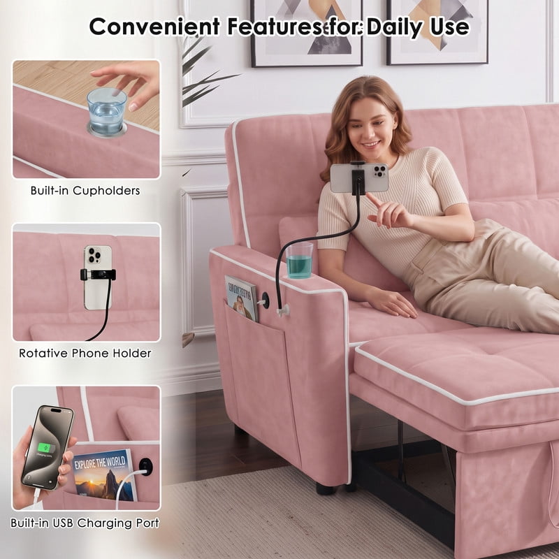 Anpport 54" 3‑in‑1 Convertible Sleeper Sofa Bed, Loveseat with White Trim, USB Charging Port, Phone Stand, 2 Cup Holders and 2 Pillows for Living Room, Bedroom and Apartment, Pink
