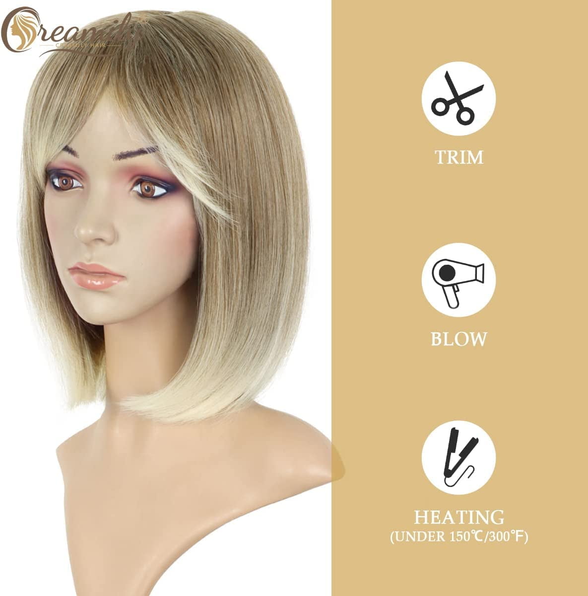 Creamily 14 Omber Blonde Wigs for White Women Synthetic Shoulder Length  Bob Wigs Straight Short Blonde Bob Wigs with Bangs 