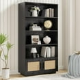 thumbnail image 3 of IdealHouse Boho 5-Tier Bookshelf with Rattan Doors, Tall Wooden Bookcase with Storage, Freestanding Display Shelf for Living Room, Bedroom, Home Office, or Kitchen, Black, 3 of 8