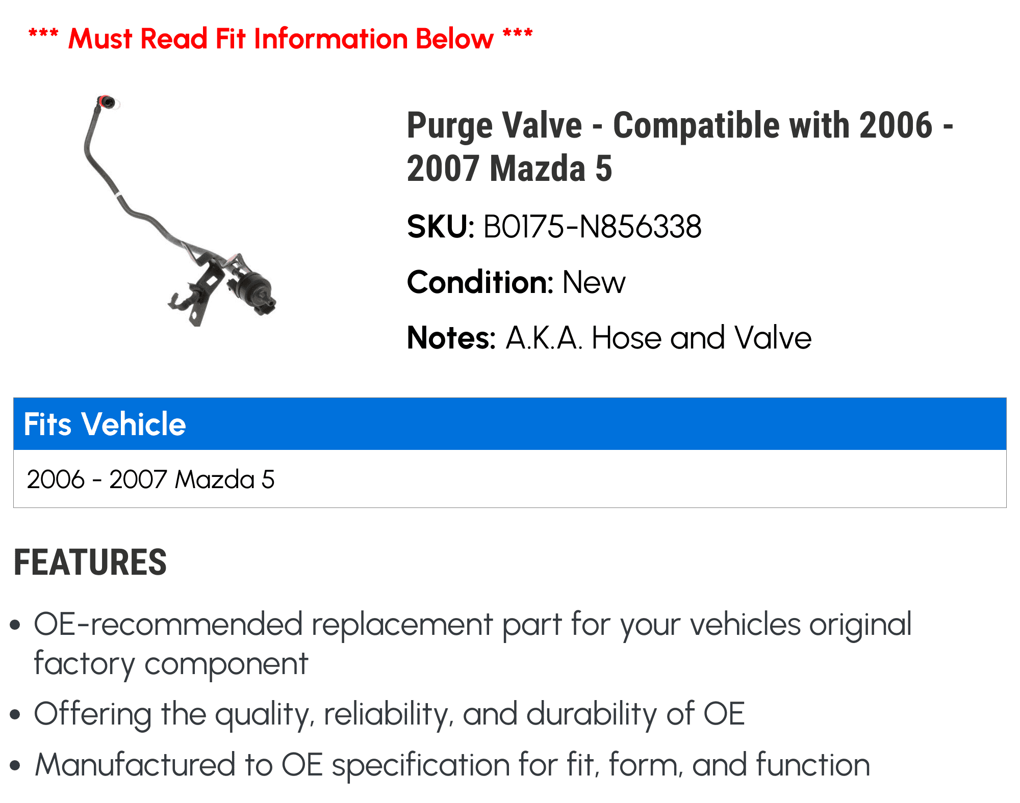 Purge Valve - Compatible with 2006 - 2007 Mazda 5