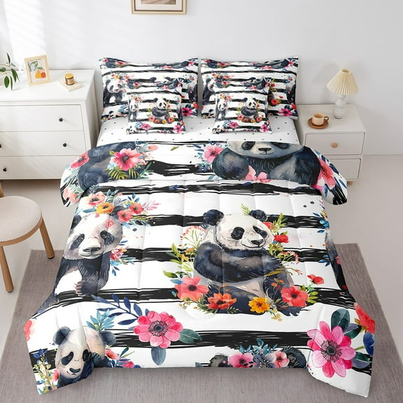 Erosebridal Cute Panda Bedding Sets Twin Size, Woodland Animal Comforter Sets with Sheets, Floral Plants Decor, 7 Pieces