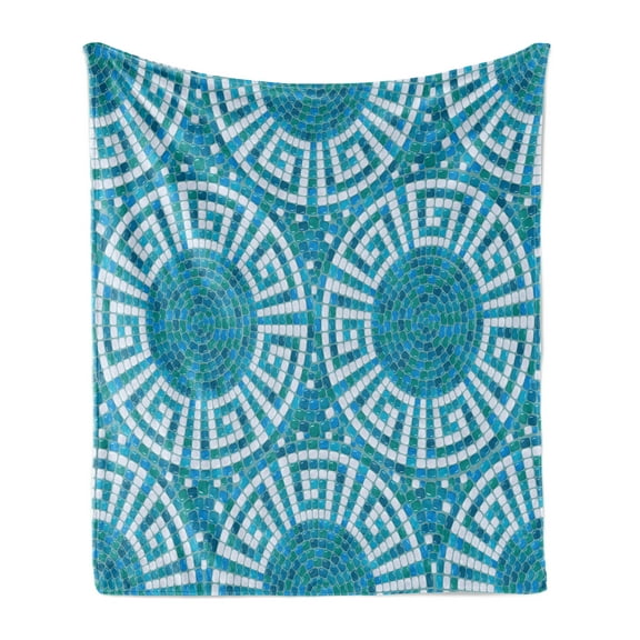 Aqua Soft Flannel Fleece Throw Blanket, Greek Meander Mosaic Pattern Classical Geometrical Ornament Architecture, Cozy Plush for Indoor and Outdoor Use, 50" x 70", Blue Green White, by Ambesonne
