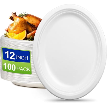 Oval Eco Friendly Disposable Plates - Large Heavy Duty Paper Plates 12 inch, Bulk Pack for BBQ, Party, Picnic