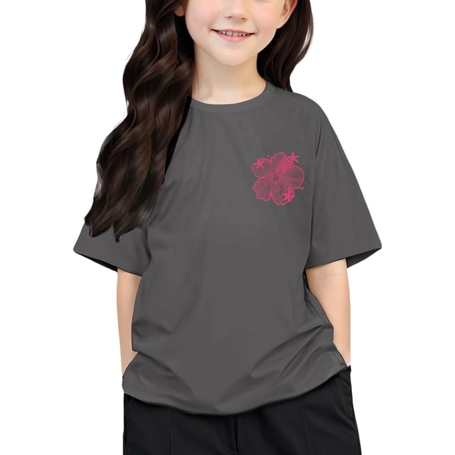 T-shirts Filles Enfants Imprimé Col Rond Manches Courtes T-Shirt Garçons Filles Bébé Tee Gris Foncé 5 Ans-6 Ans