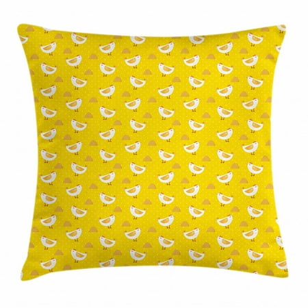 Polka Dot Throw Pillow Cushion Cover, Pattern with Cartoon Chicken and Haystack on Yellow Background, Decorative Square Accent Pillow Case, 16 X 16 Inches, White Yellow Earth Yellow, by