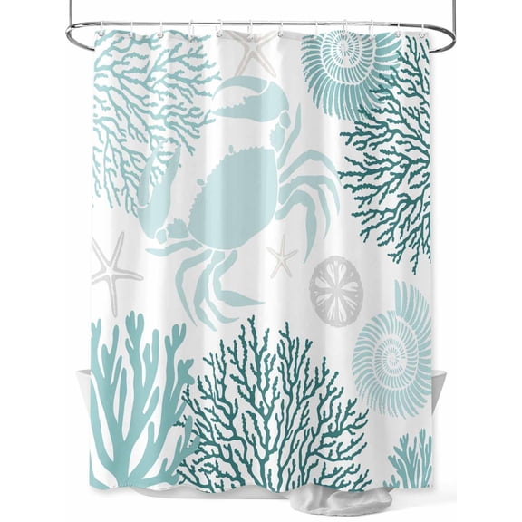 Fsddascl Teal Green Crab Coastal Shower Curtain Set - 66" x 72" Washable Bathtub Curtain with 12 Hooks, Summer Coral Nautical Waterproof Fabric Stall Shower Curtains for Bathroom/Bathtub Décor