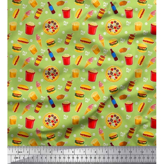 Soimoi Rayon Fabric Cold Drink,Pizza & Burger Food Print Fabric by The Yard 56 Inch Wide