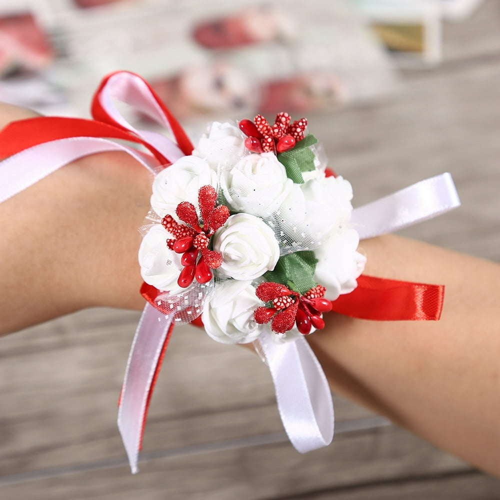 Tebru Bridal Wrist Flower, Wrist Corsage, 1Pc Beautiful Hand Ribbon