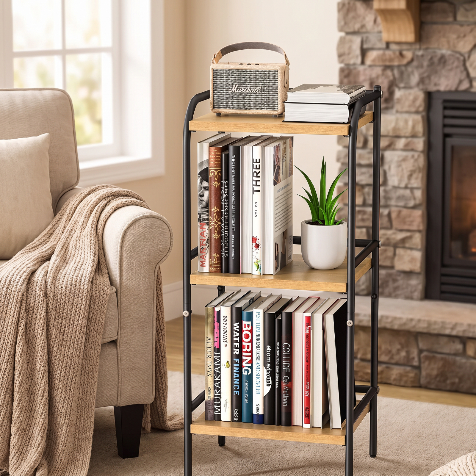 Fenbeli 3-Tier Industrial Bookshelf, Beige Wood and Black Metal Bookcase, Compact Storage Shelf for Living Room Office Kitchen and Small Spaces