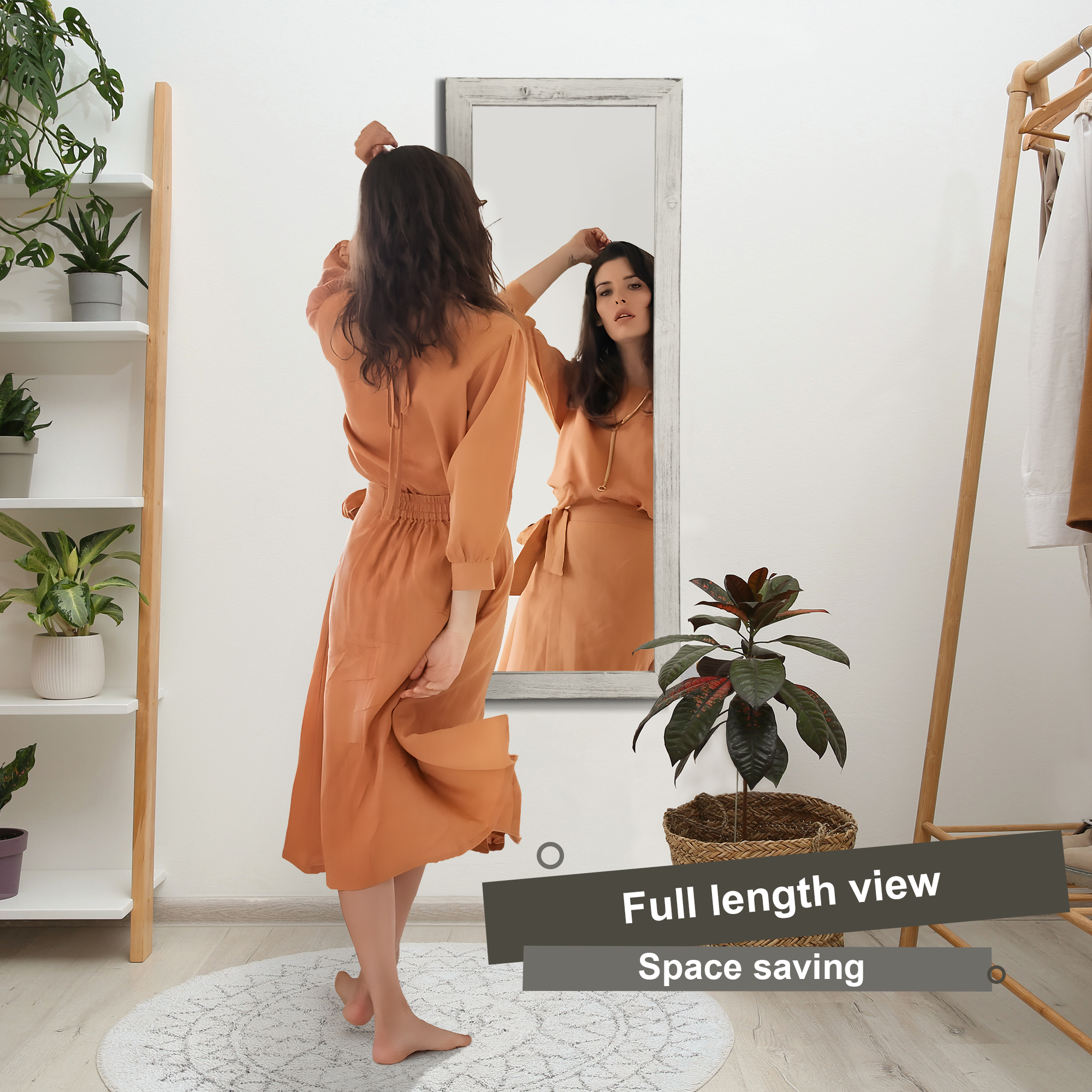 Over The Door Mirror Full Length, 47"x18" Door Mirror Full Length with Wood Frame, Full Length Mirror Over The Door with 2 Hangers Removeble, Hanging Mirror for Door or Wall Mounted Mirror