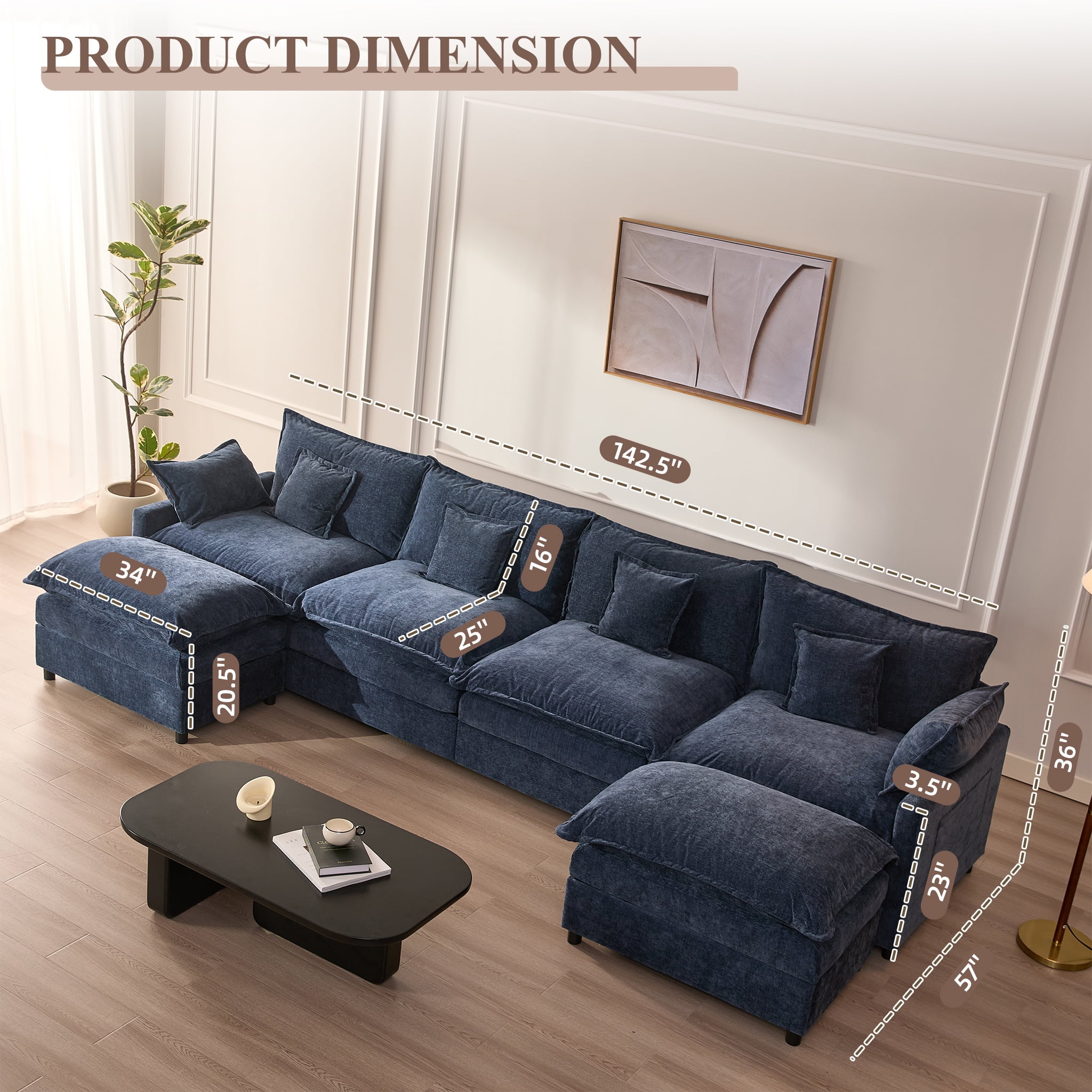 LAKPS 4-Seater Sectional Sofa Bed, Chenille Cloud Couch for Living Room, Navy