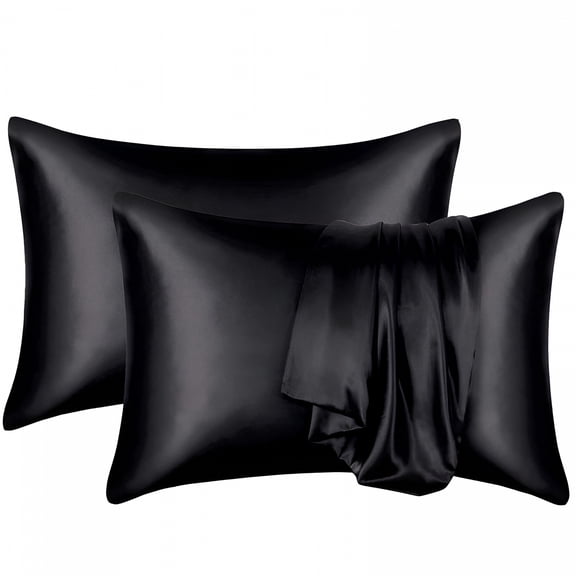 AUQ Satin Pillowcases for Skin Set of 2,Zipper Closure Black Standard