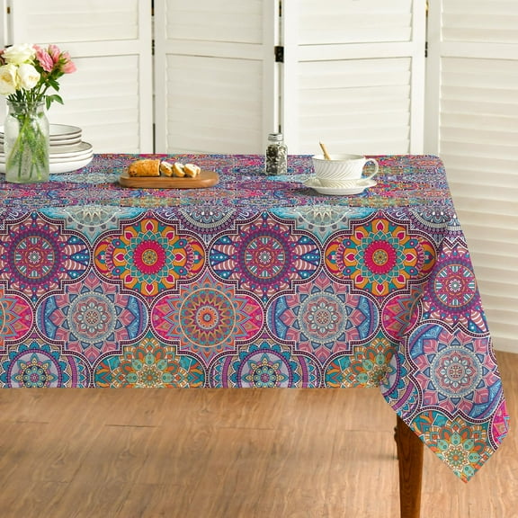 Bohemia Style Tablecloth 60x84 Inch Rectangular, Pink Vintage Washable Seasonal Table Cover for Party Picnic Dinner Decor