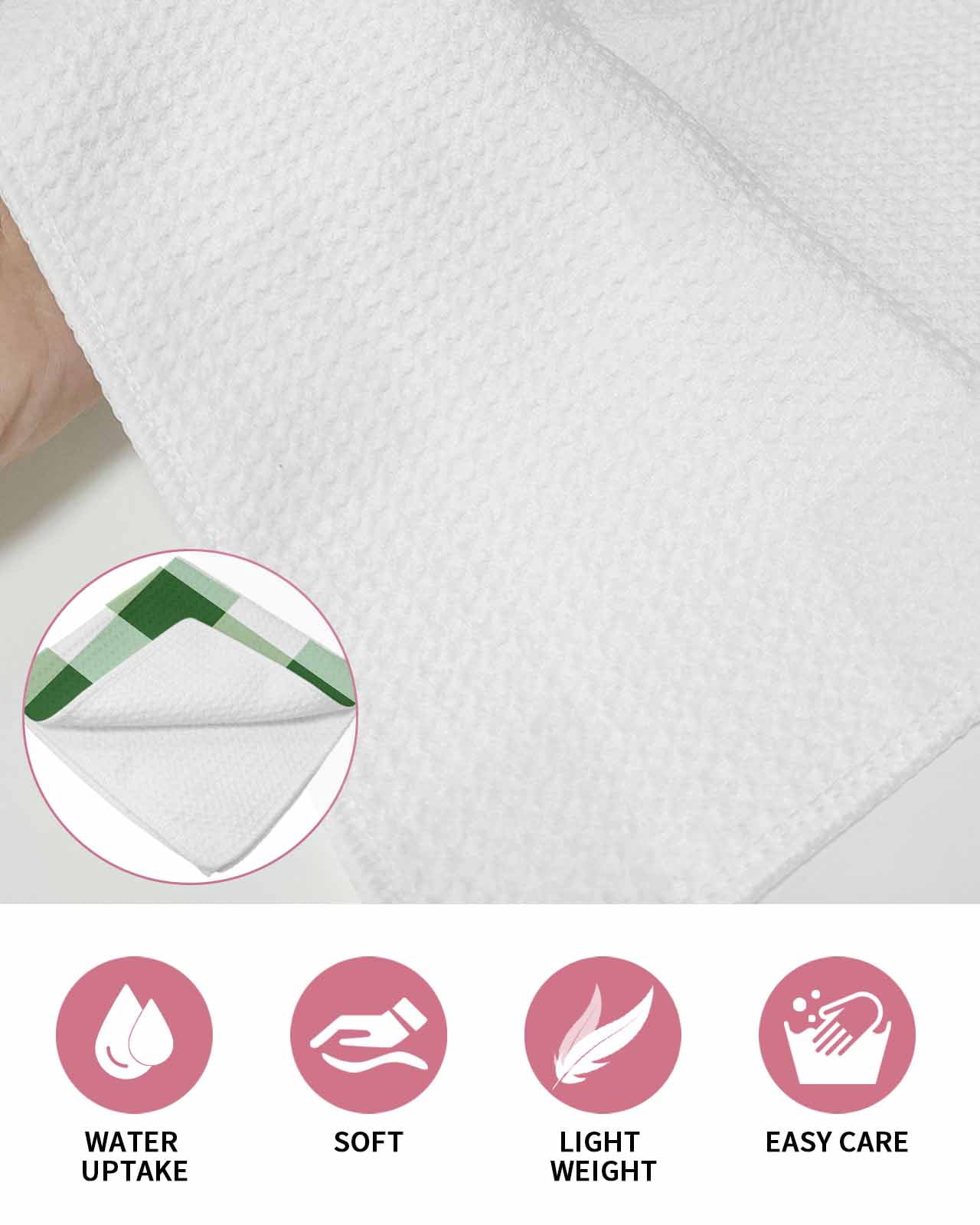 Green Plaid Kitchen Dish Towels for Drying Dishes Set of 3, Spring Summer Farmhouse Buffalo Checkered Waffle Weave Microfiber Hand Tea Bathroom Towels Quick Dry & Absorbent Towel 12x12