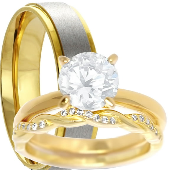 LaRaso & Co His Her Wedding Ring Set Bride Solitaire CZ Gold Plated Silver Groom Steel