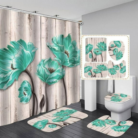 4 Pieces Shower Curtain Set with Rugs,Romantic 3D Red Rose Shower Curtain for Bathroom Sets with Shower Curtain and Rug Purple Red Toilet Sets for Lovers Valentine's Day
