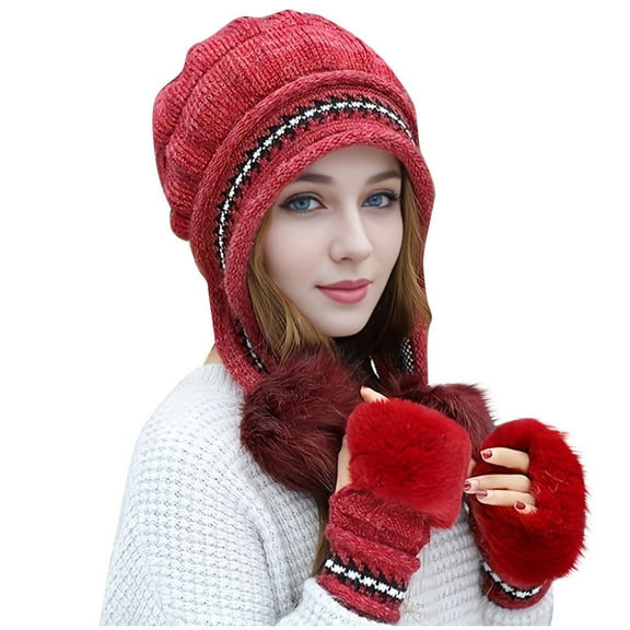 ZQUUVOU Beanie Hat Glove Set for Women Printing Winter Warmth Knitted Beanie Plush Ear Protection Thick Hats Gloves Set Burgundy