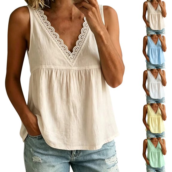 Tank Tops for Women 2026 Fashion Summer V Neck Sleeveless T Shirts Spring Clothes Casual Loose Blouses by Yigetop Beige L