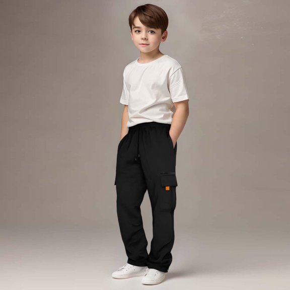 Versatile Boys Casual Jogger Pants with -Pocket Design Elastic Warm -Lined Outdoor Sweatpants for Kids, Black, 7-8 Years