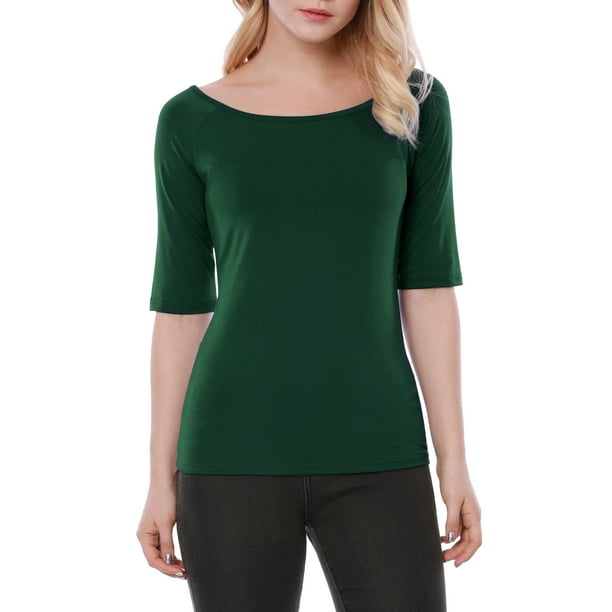 INSPIRE CHIC Camisetas de Cuello Barco para Mujeres, de Manga Corta, Ajustadas, Suaves, T-Shirt M Verde Oliva