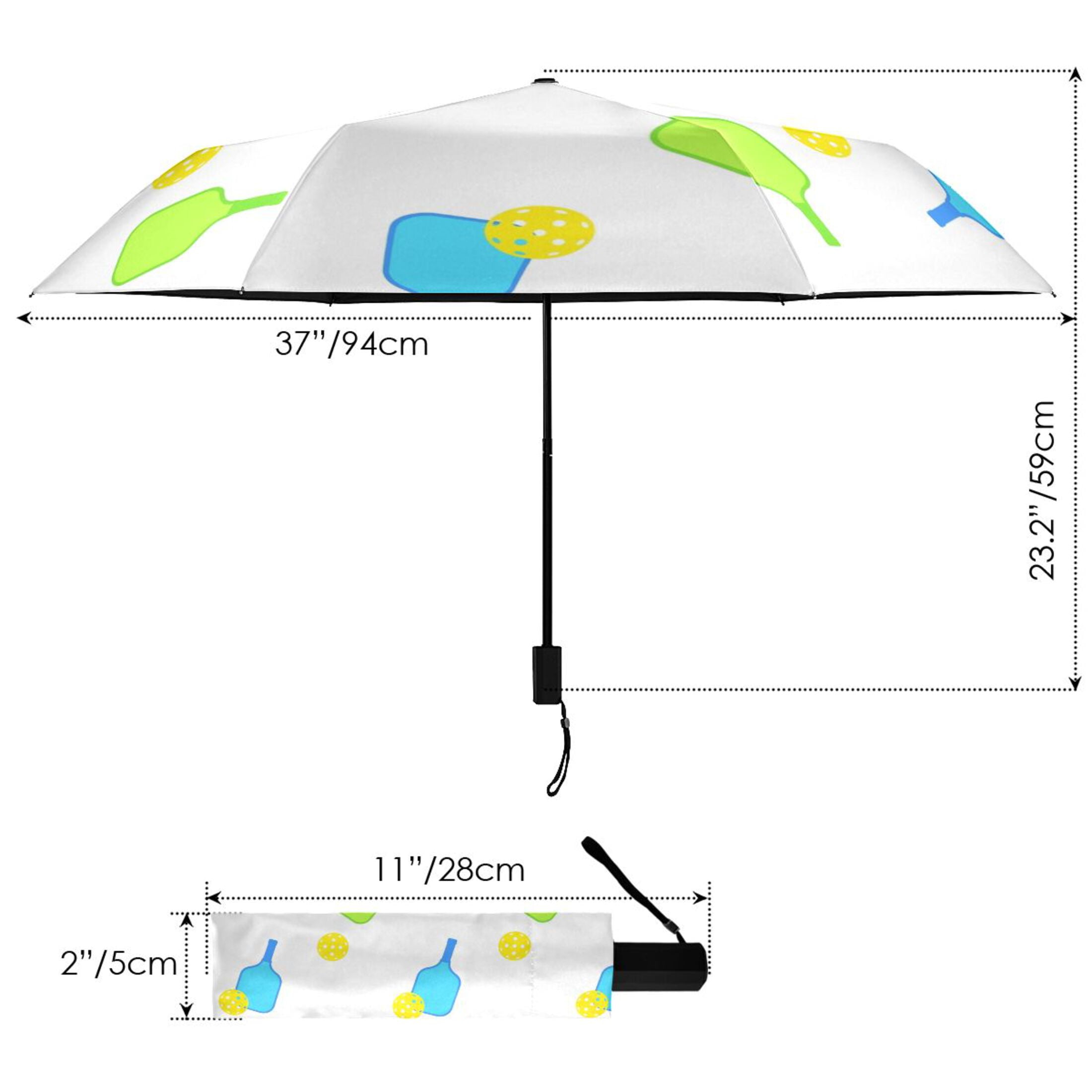 Pickle Balls Compact Folding Umbrella for Rain Windproof Travel Umbrella UPF 50+ Lightweight Packable Arc Size