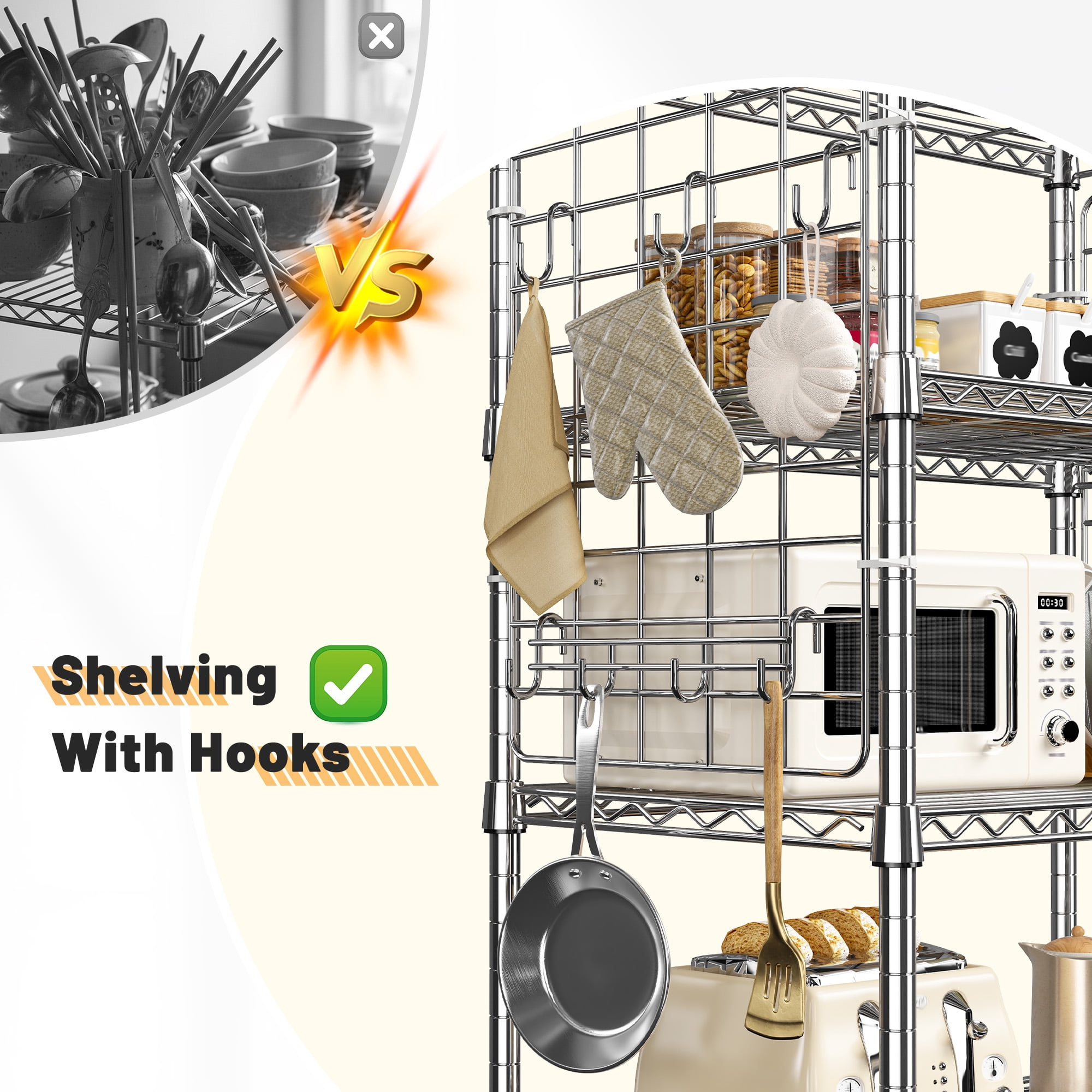 REIBII 5-Tier Adjustable Wire Shelving with Side Hanging Mesh & 12 Hooks,Space Saving Storage Rack for Kitchen Pantry,Office,Garage & Bathroom,Chrome
