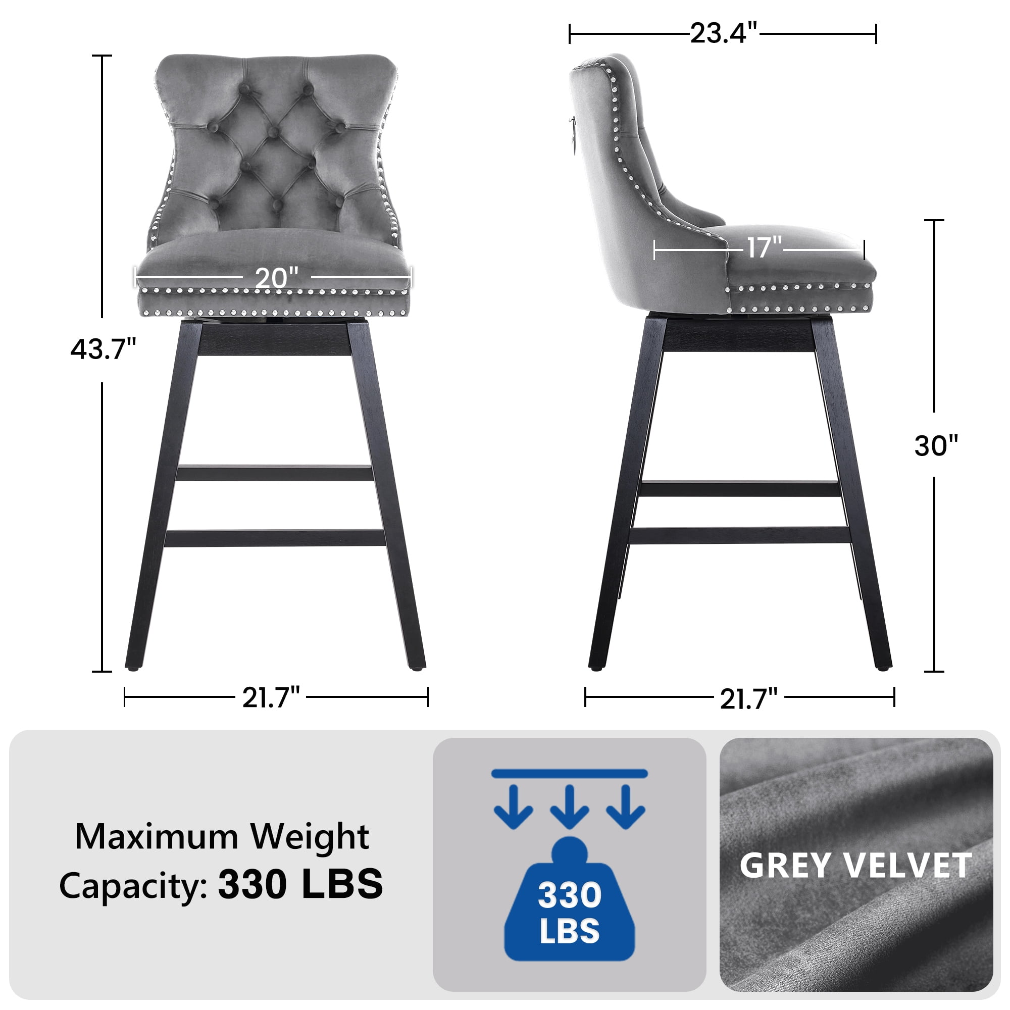 Tewloss 30" Swivel Bar Stools Set of 4 With Back Velvet Bar Height Chairs for Home Kitchen, Gray